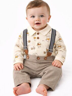 NWT Disney Winnie the Pooh Baby Boy 6-9M 3-Piece Outfit Set Suspenders Pants One